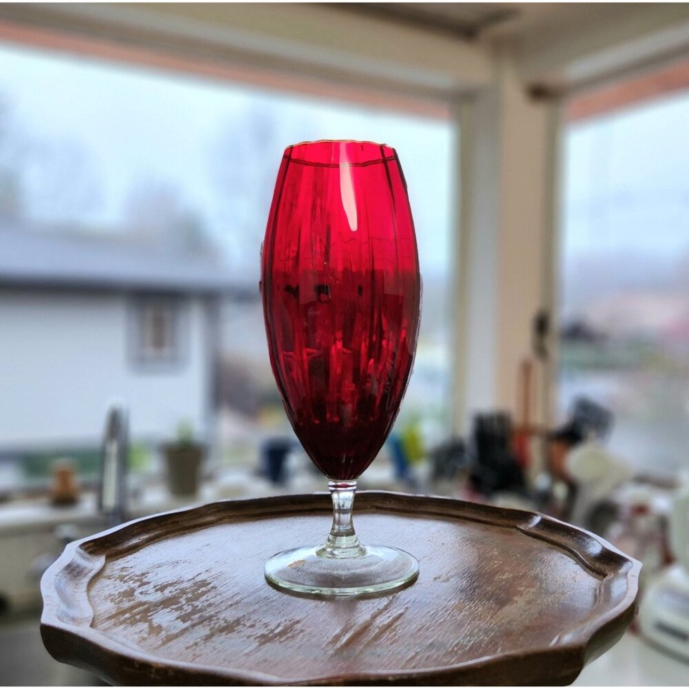 Vintage Large Empoli Ruby Red Glass Snifter 11" Tall Hand Blown Mid Century